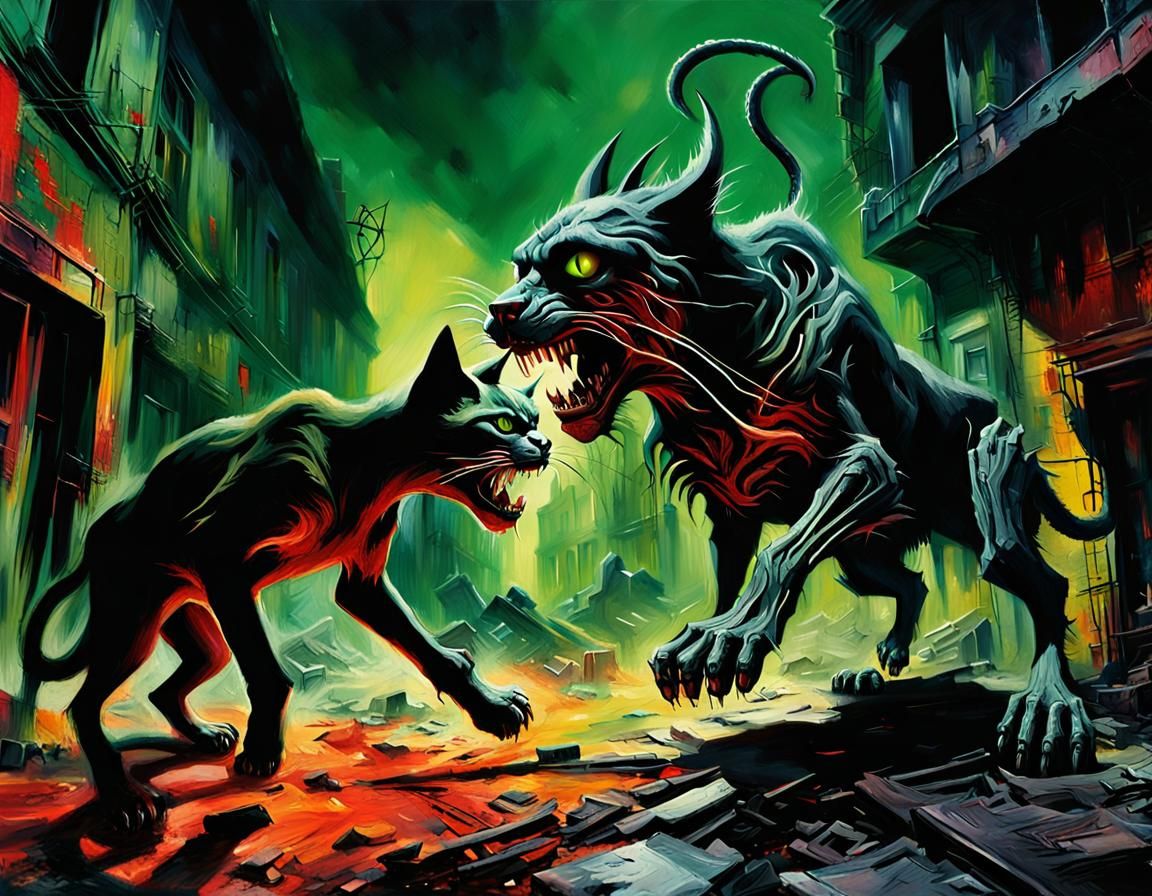 Demonic Cat and Hellhound Battle in Surrealist Art