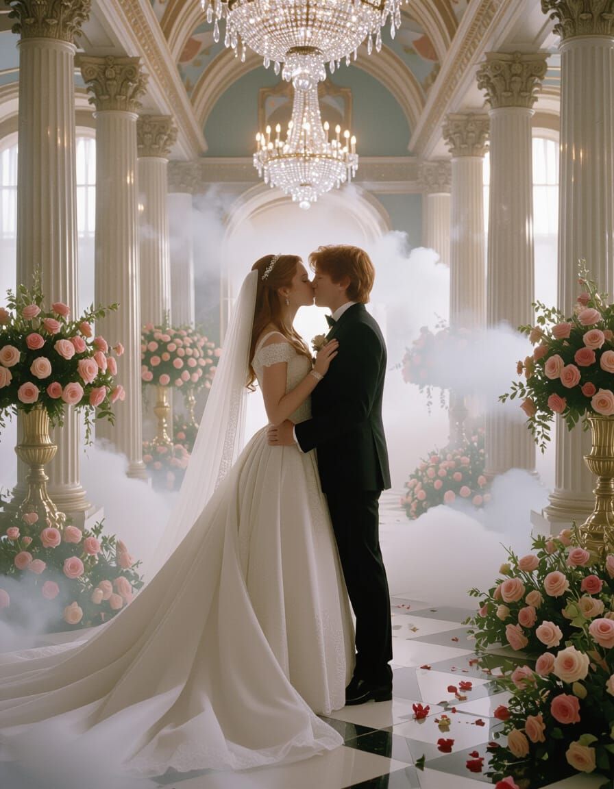 Romantic Wedding Kiss in Dreamlike Fantasy Setting
