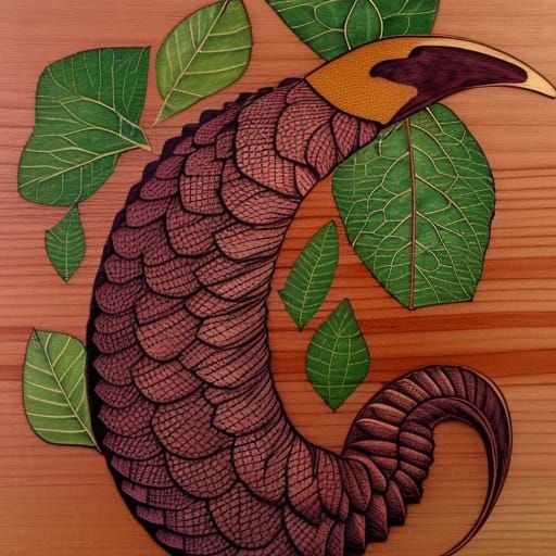 Vermilion Pangolin with Emerald Fig Leaves in Pyrography