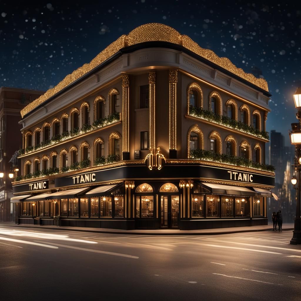Titanic Restaurant Exterior at Night in Realistic Style