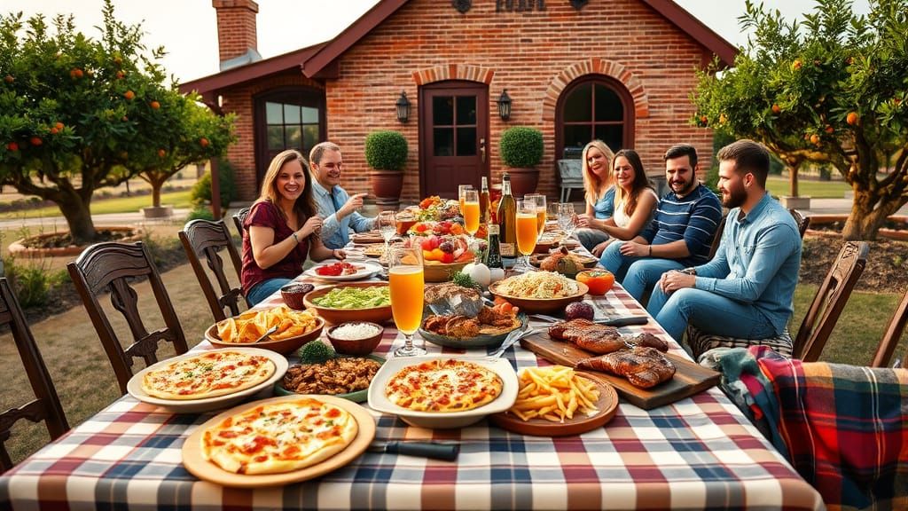 Victorian Outdoor Party with Festive Food and Joyful Atmosph...