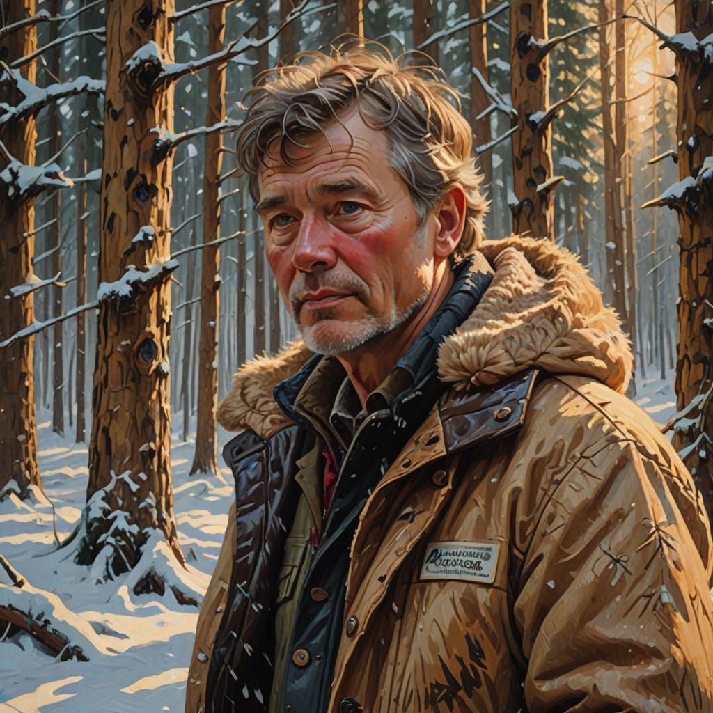 Alaskan Sourdough in Snowy Forest, Oil Painting