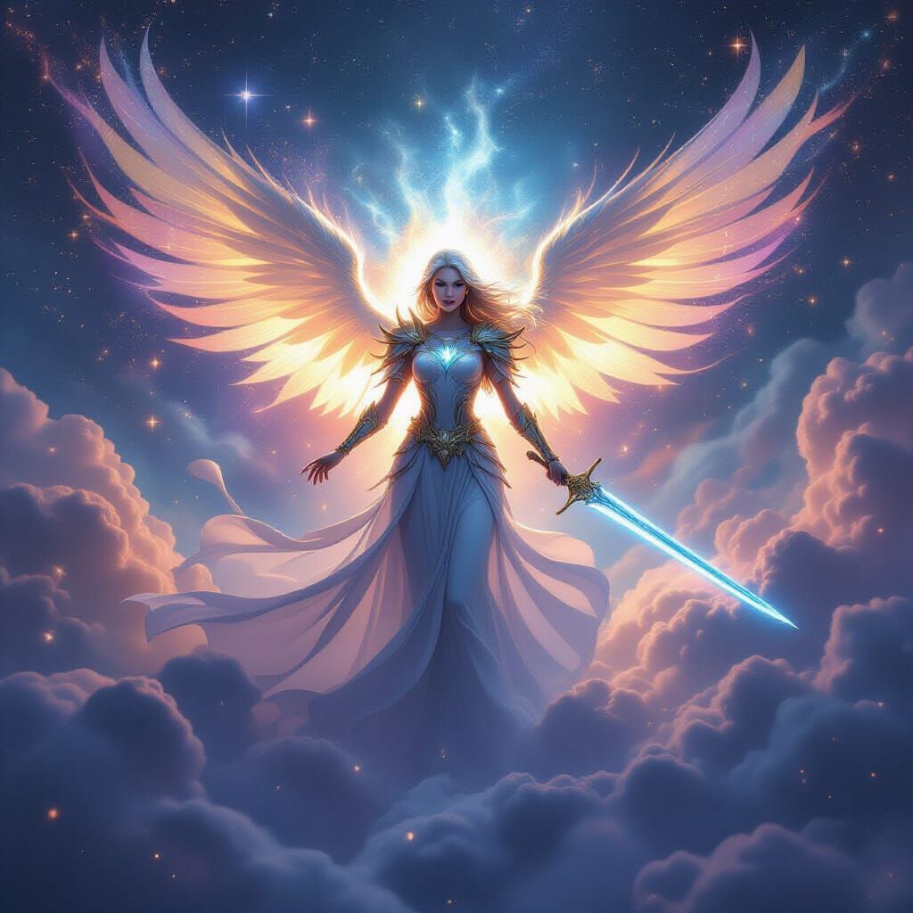 Emerging from a luminous cloud of stardust, the celestial sp...