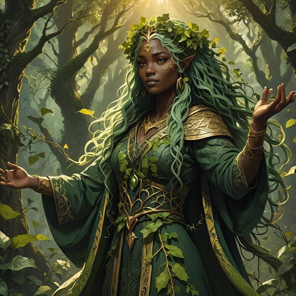 Fantasy Goddess Yavanna in Forest with Foliage