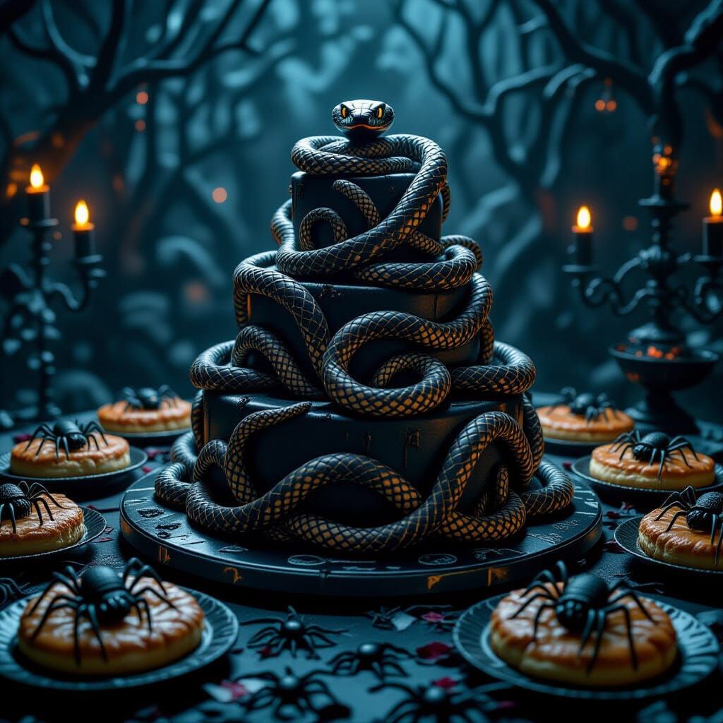 Spooky Birthday Cake with Snake, Spider & Scorpion Pastries
