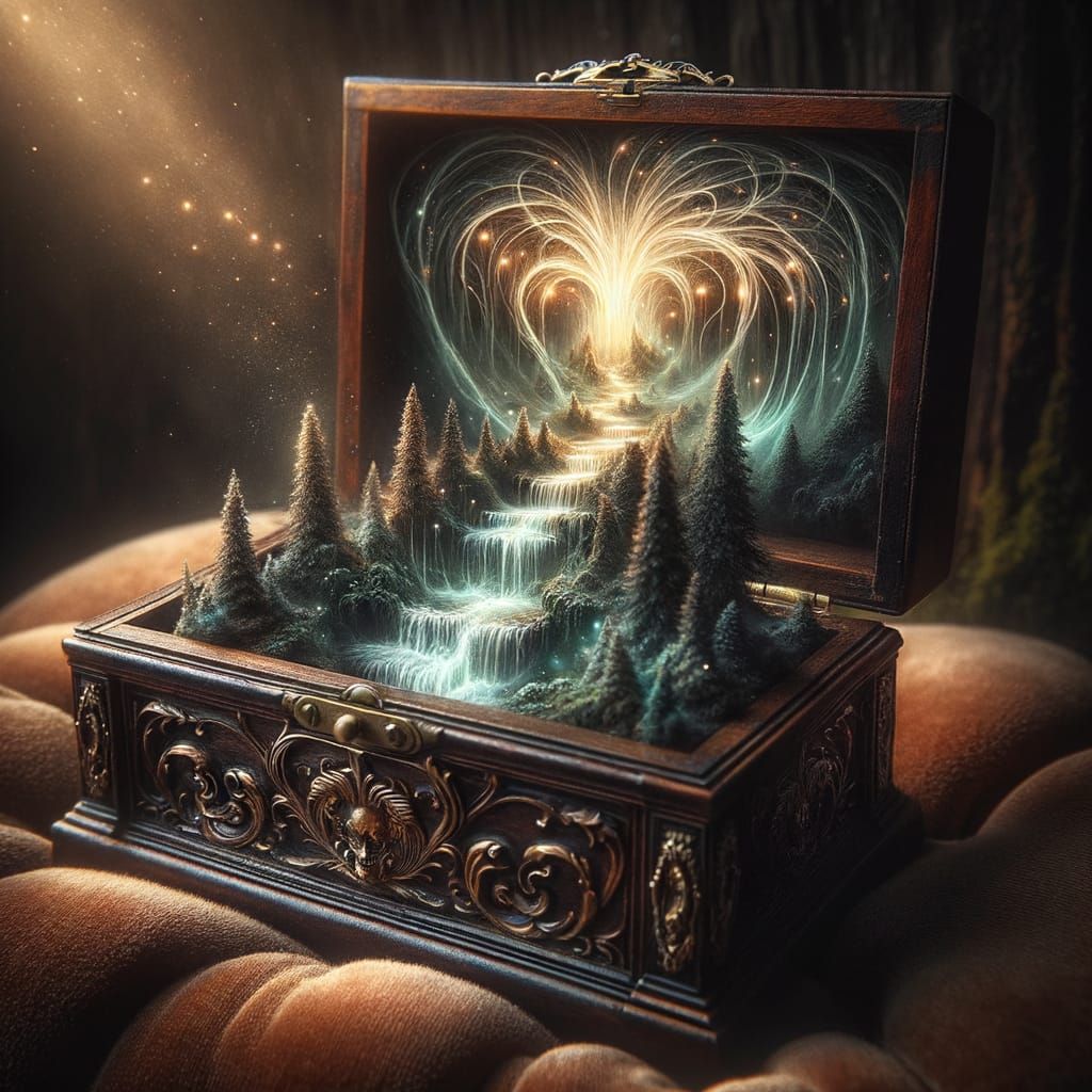 Antique Music Box with Spectral Landscape and Glowing Waterf...
