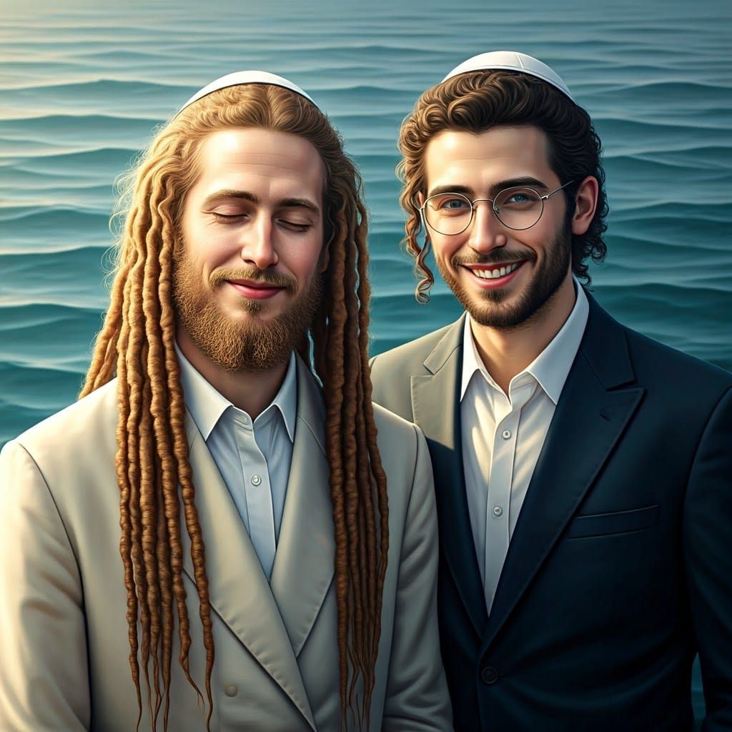 Hasidic Men Portrait on Blue Sea, Fantasy Art