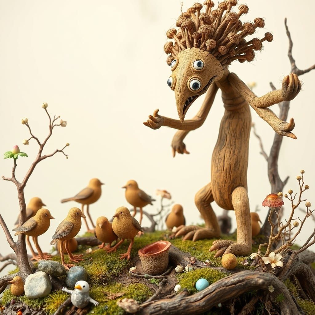 Surreal Folk Art Creature in Dreamlike Forest
