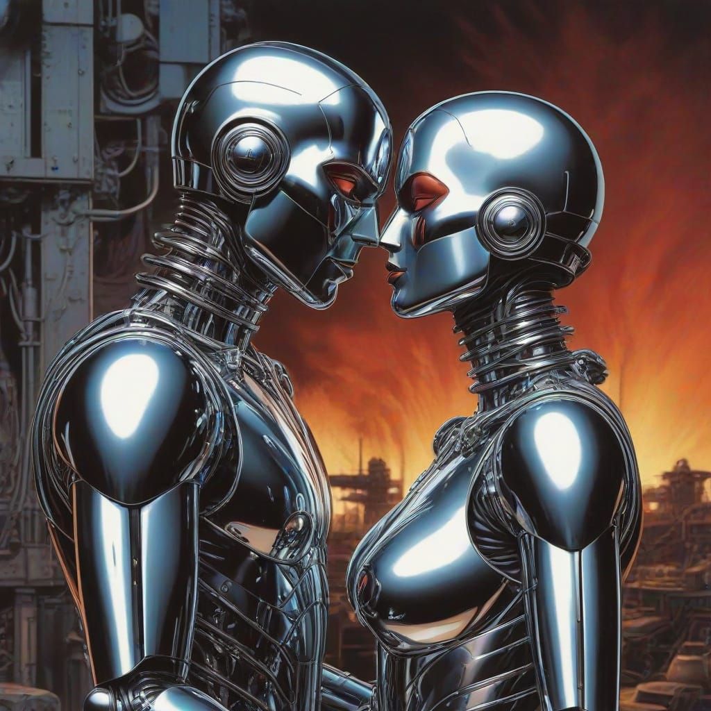 Robots Kissing in Retro Comic Book Style