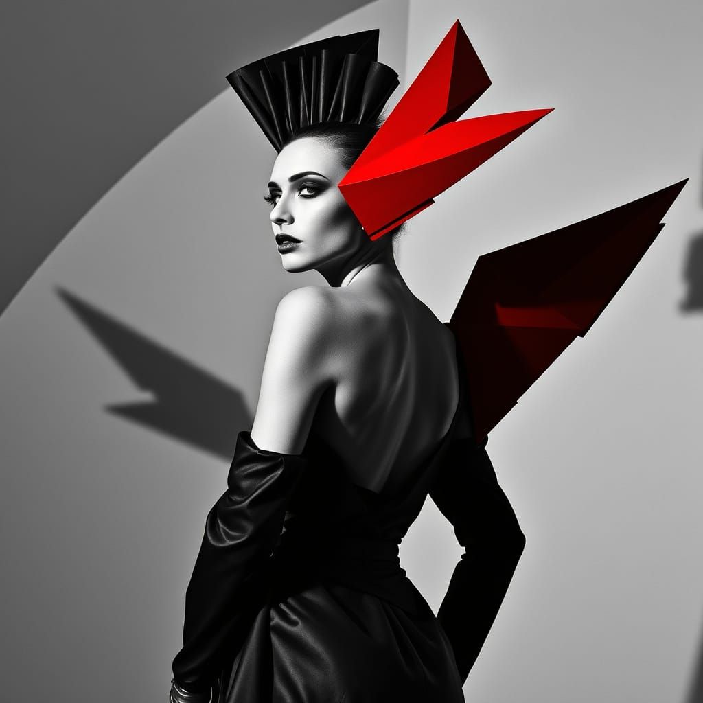 Avant-Garde Fashion Model in Geometric, Red Winged Protrusio...