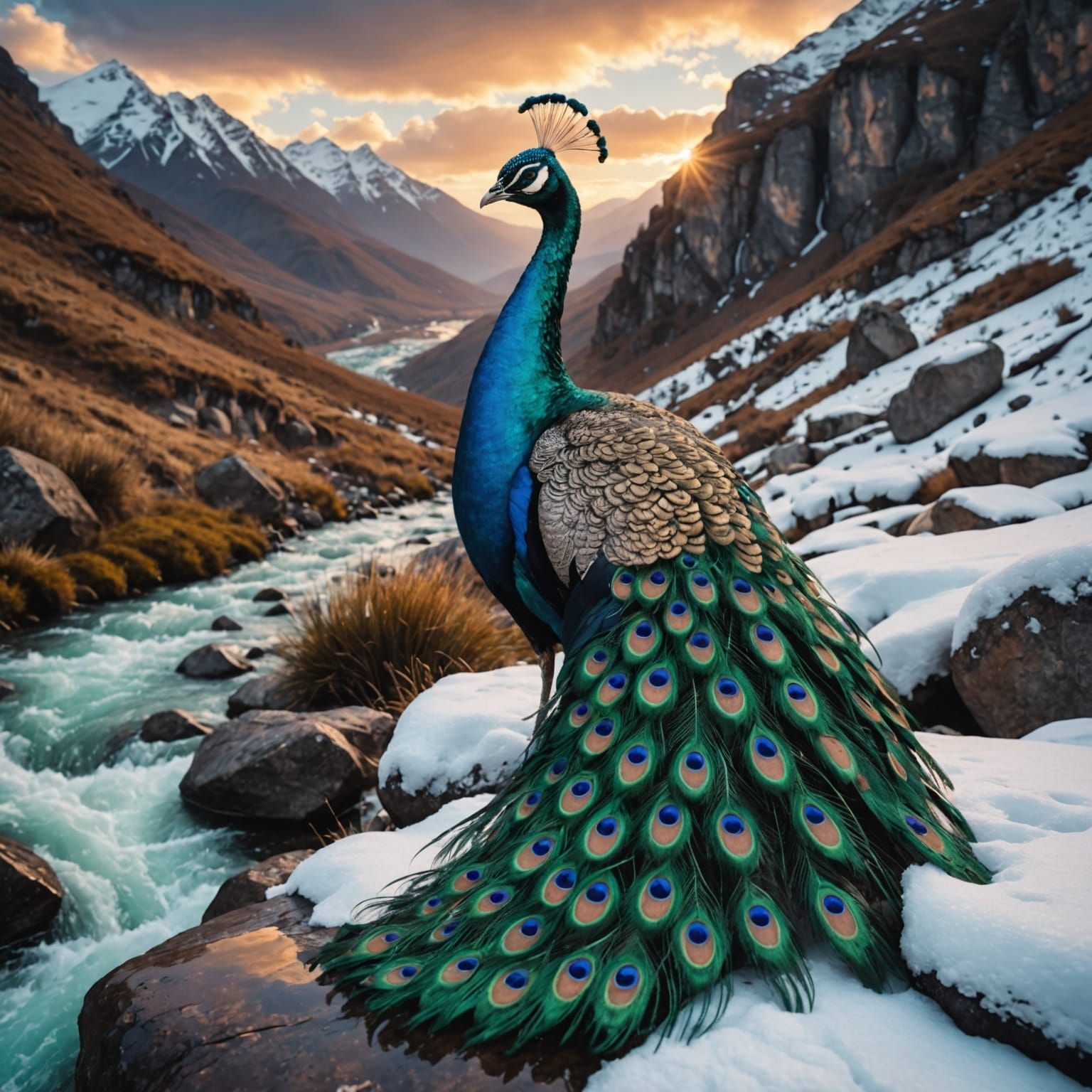 Turquoise Peacock on Snowy Mountain at Sunset