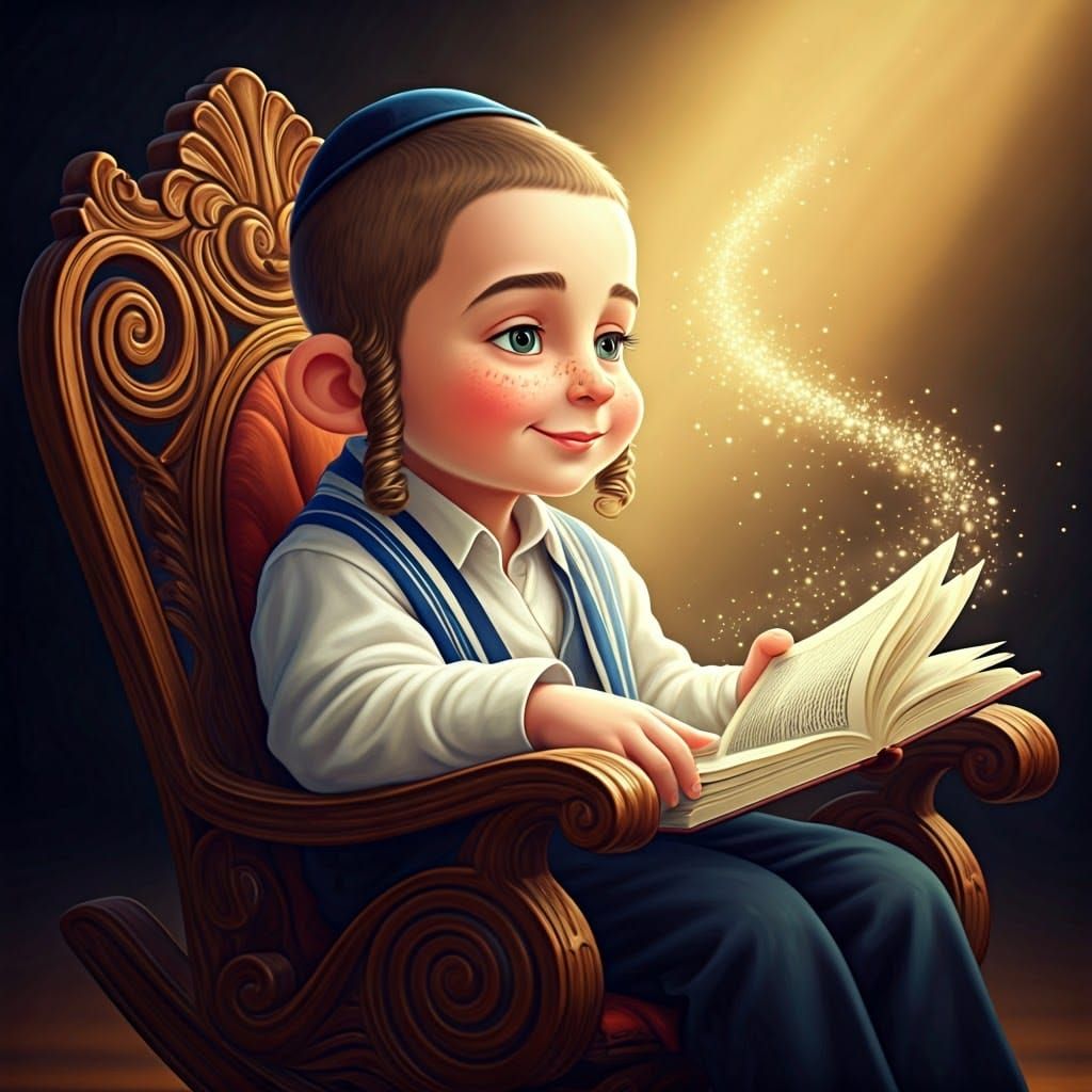 Young Haredi Hasidic Boy in Elegant Wooden Rocking Chair