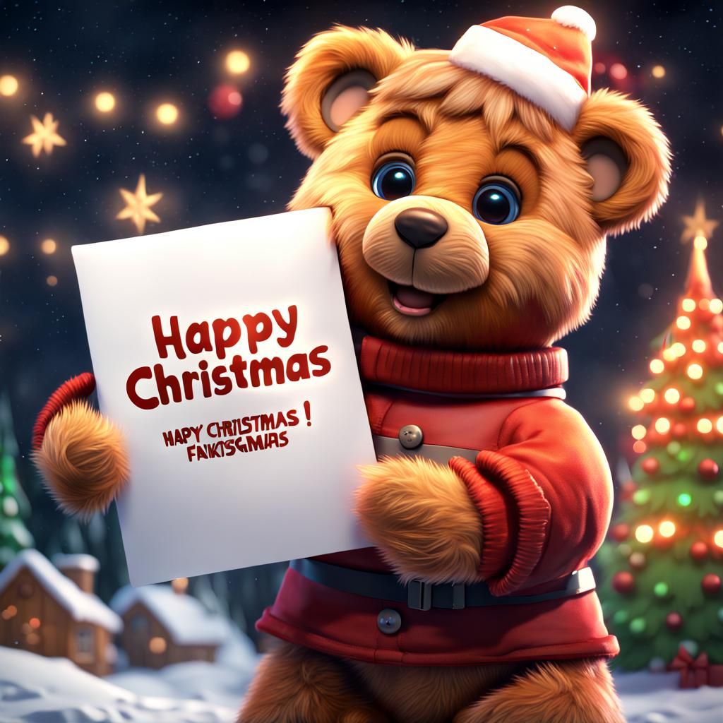 A Christmas teddy Ruxpin bear+ happy, holding a sign saying "Happy Christmas"