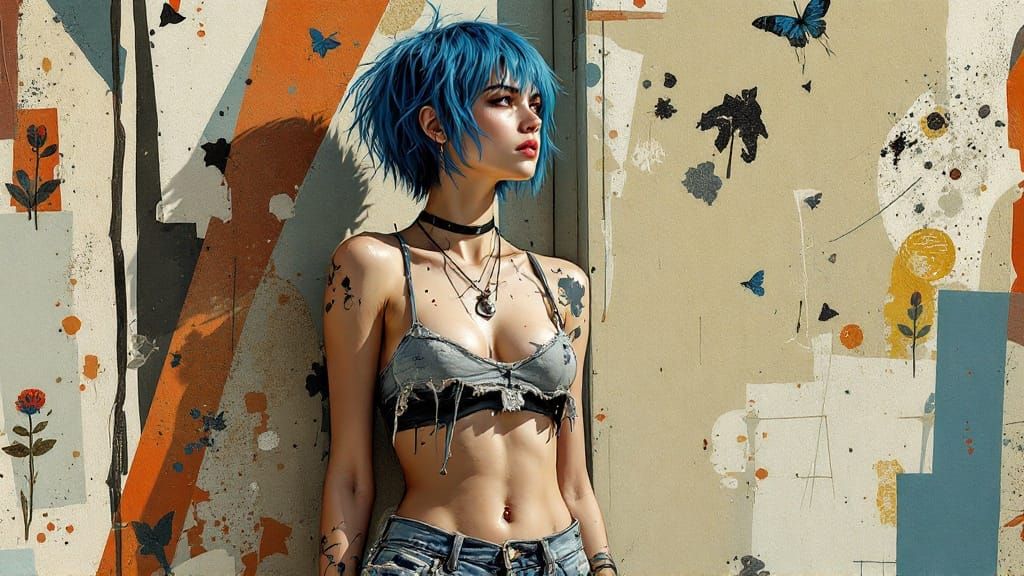 Cut-Paper Collage of a Blue-Haired Rebel