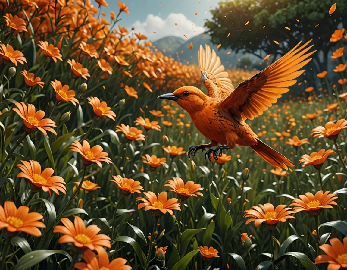 Orange Bird Flies Through Orange Flower Field