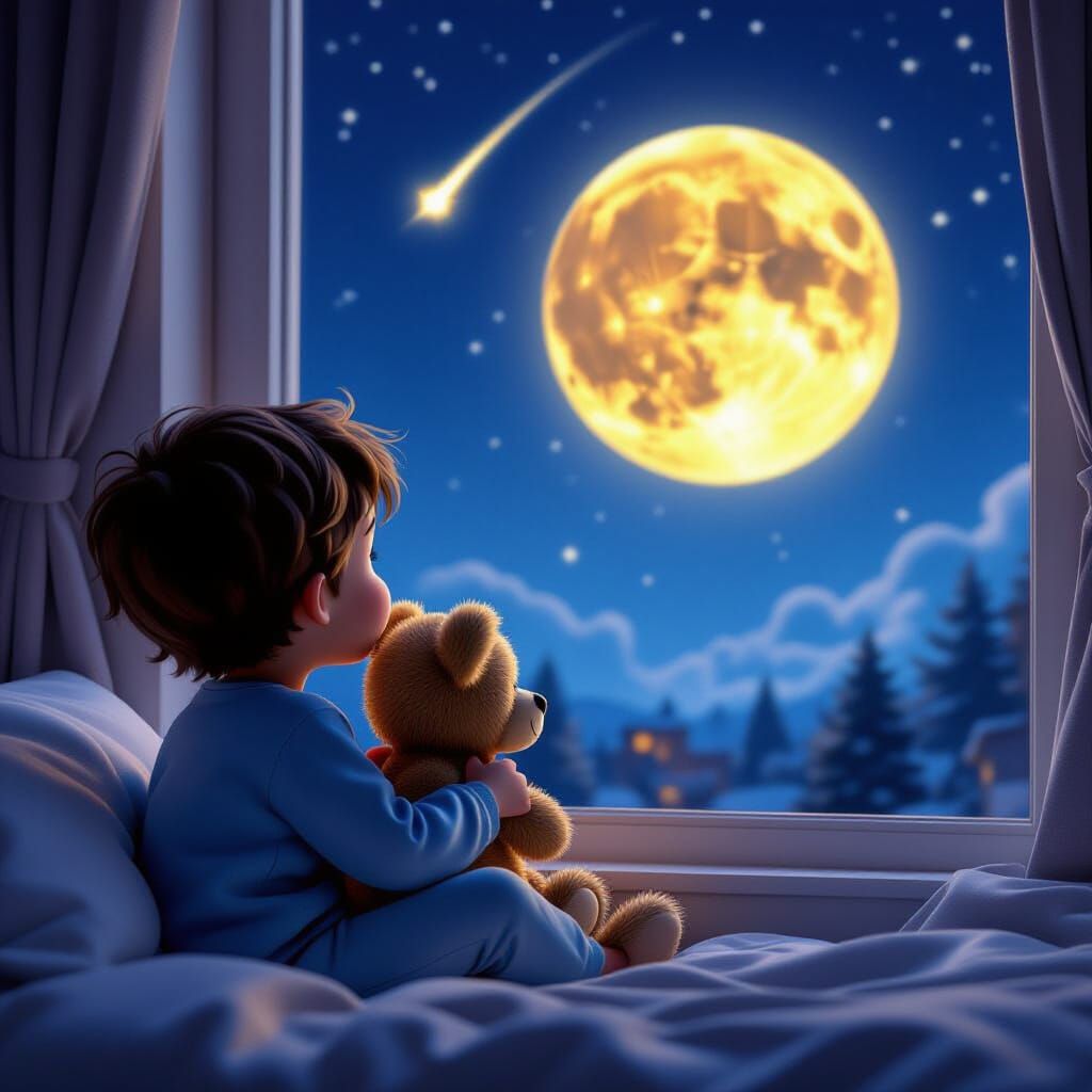 Child Gazing at Shooting Star, Pixar-Inspired 3D Art