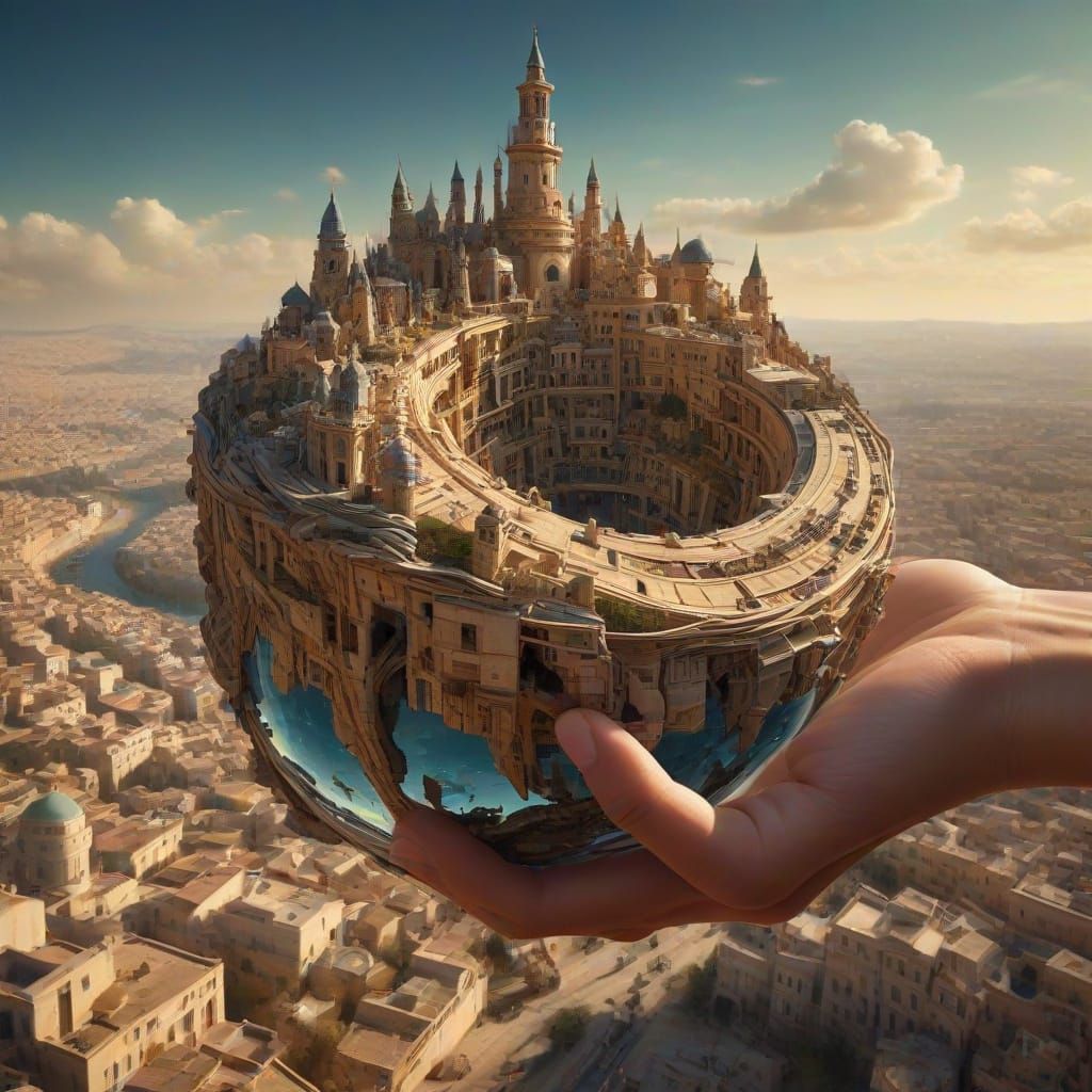 A Hand Cradles Jerusalem's Surreal Cityscape in a Dreamlike ...