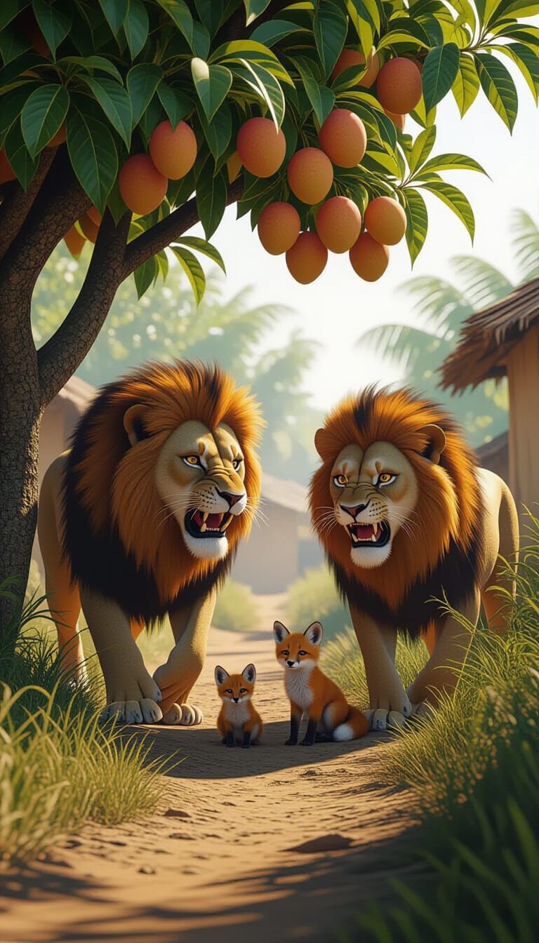 Aggressive Lions and Worried Foxes in 3D Render