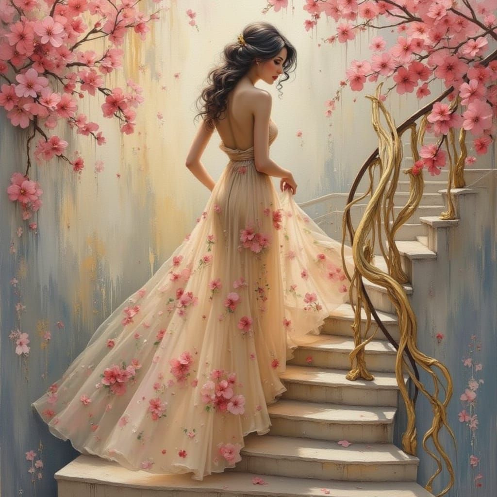 Elegant Woman Descending Stairs in Impressionist Style