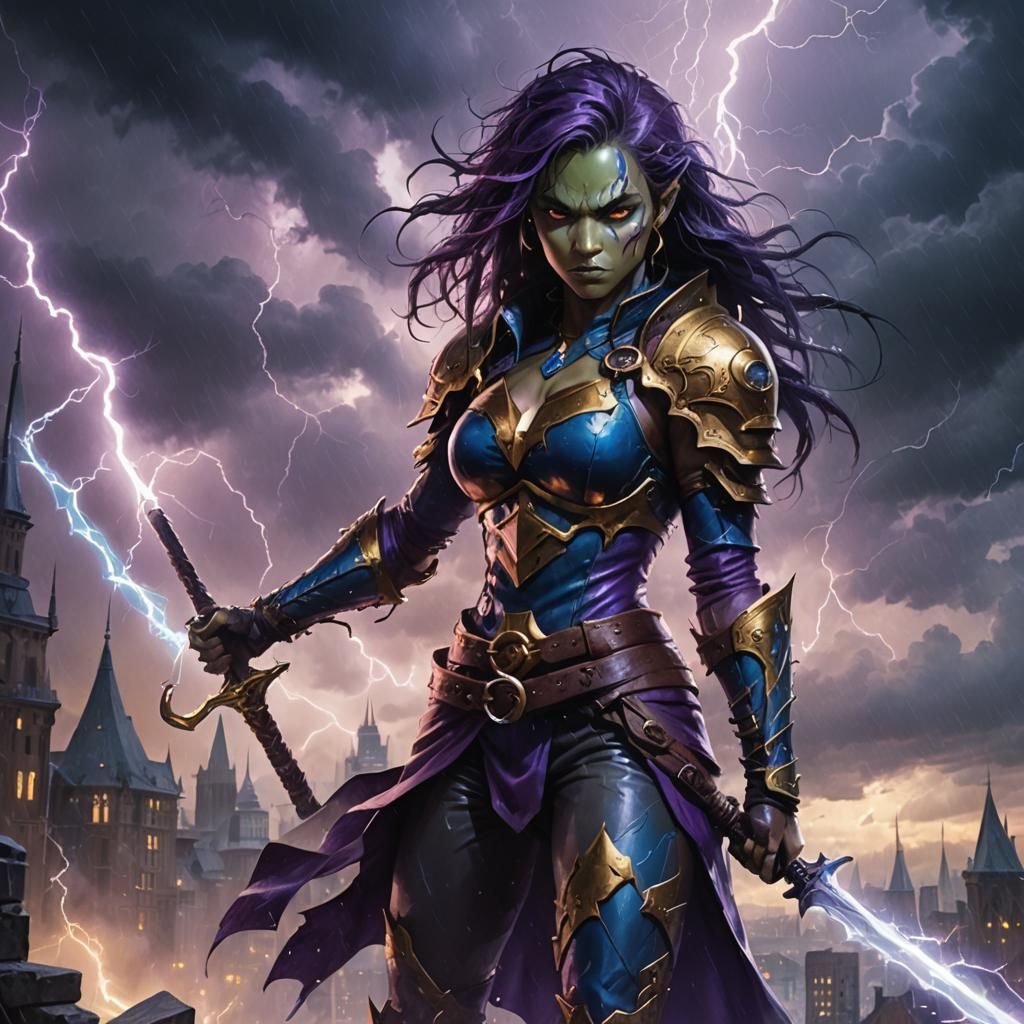 Anime Half-Orc Rogue in Stormy Cityscape
