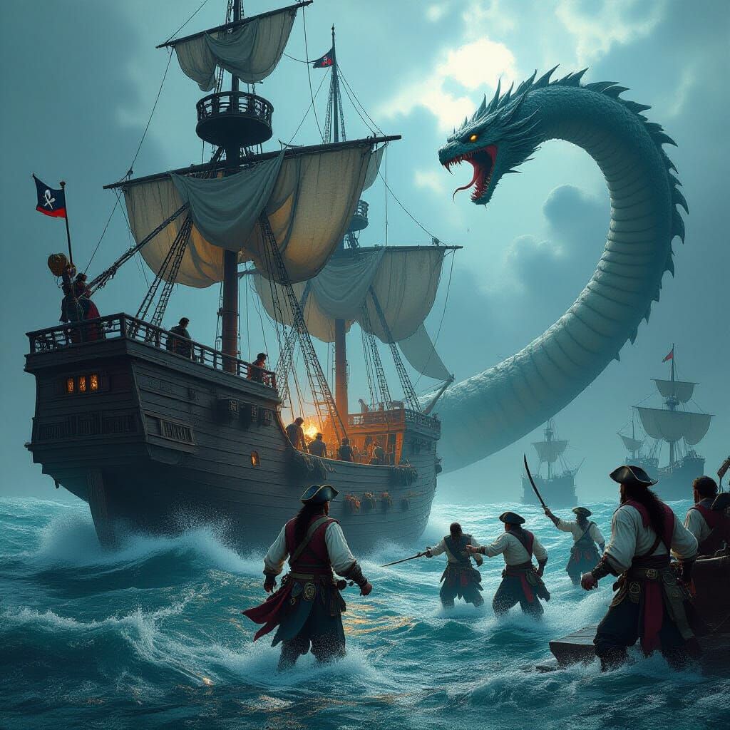 Pirate Ship Battle with Sea Serpent in Hyper-Realistic 3D