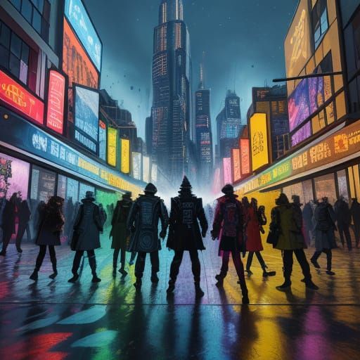 People Helping Each Other in City Splash Art Mural