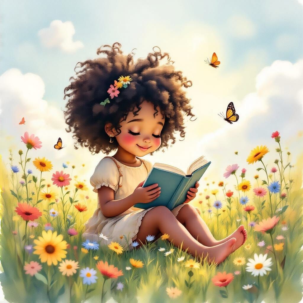 Black Girl Reading in Wildflower Field Watercolor Art