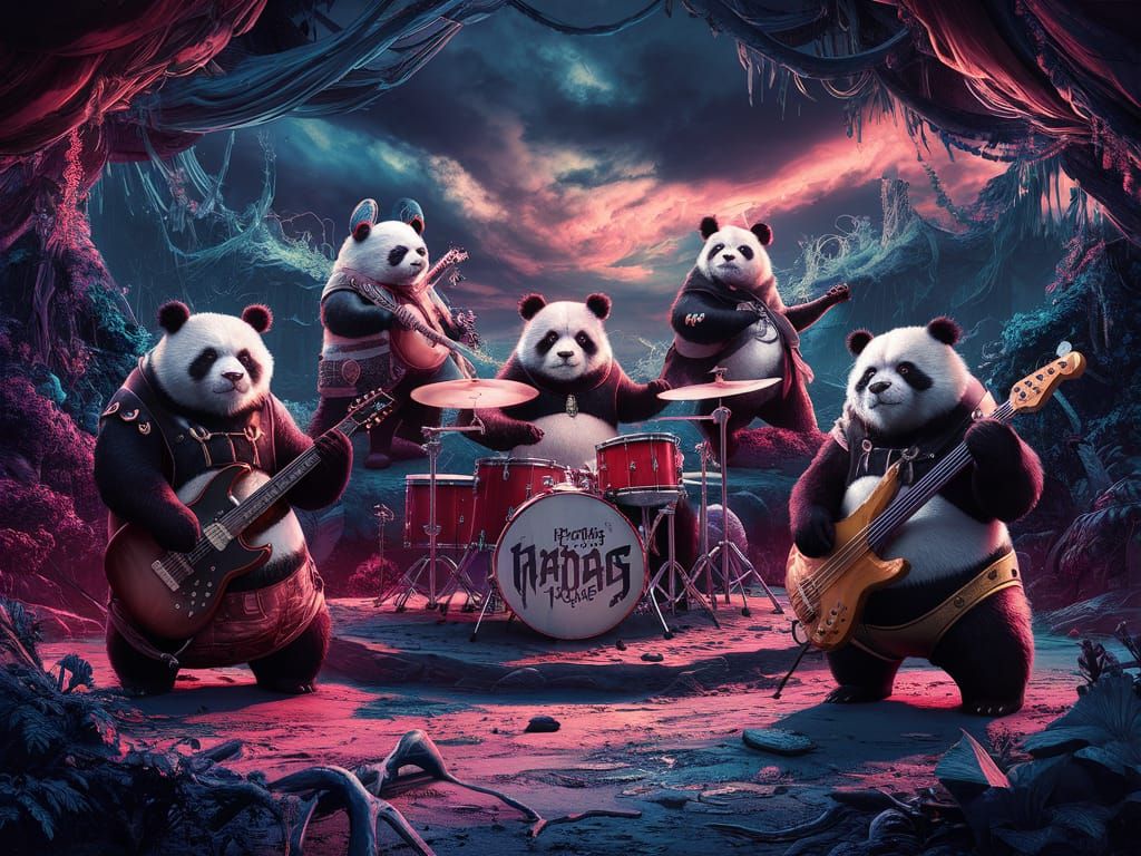 Panda Heavy Metal Band in Mystical Landscape
