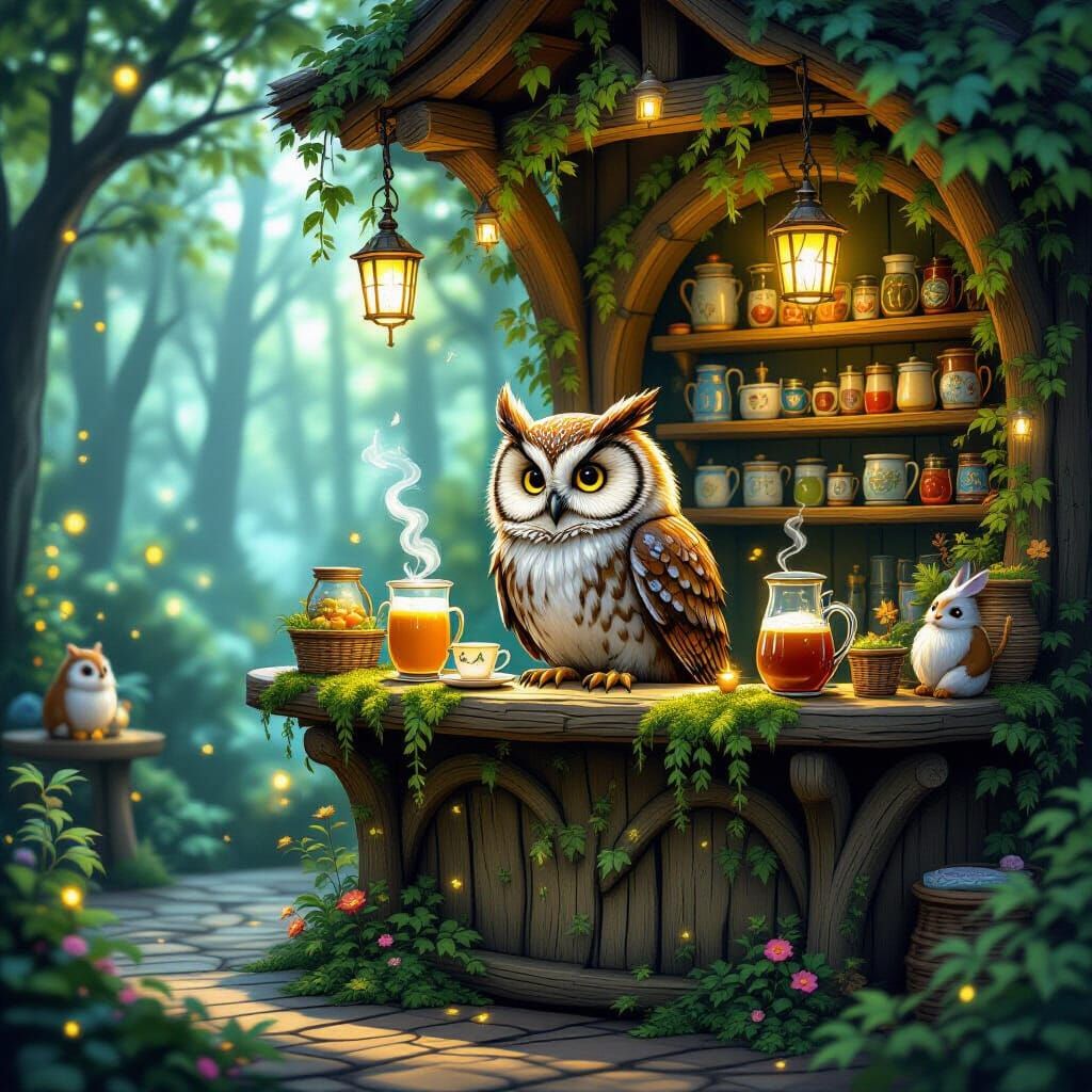 Enchanted Woodland Cafe With Mystical Creatures Serving Magi...
