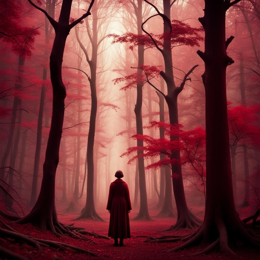 Cinematic Portrait of a Lone Figure in a Crimson Forest
