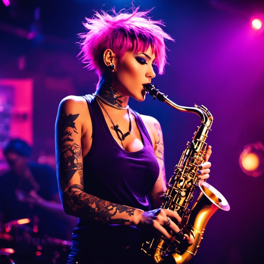 Nightclub with female rockstar, playing a Saxophone