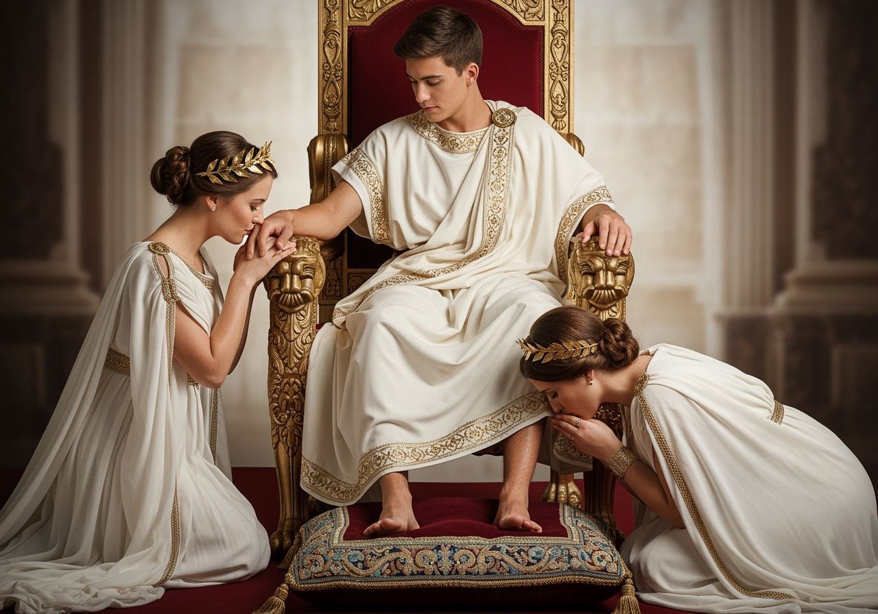 Barefoot Emperor on Gold Throne in Lavish Roman Scene