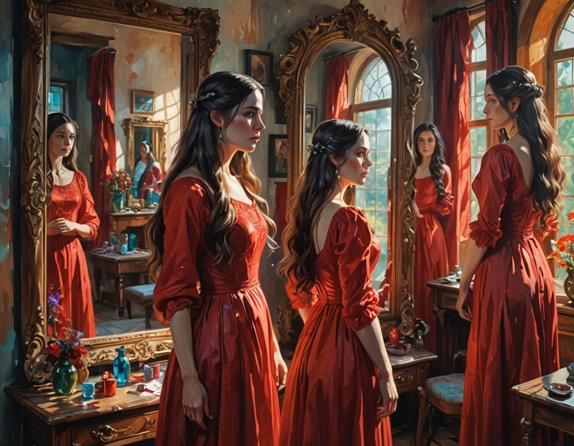 Woman and Reflections in a Hyper-detailed Mirror