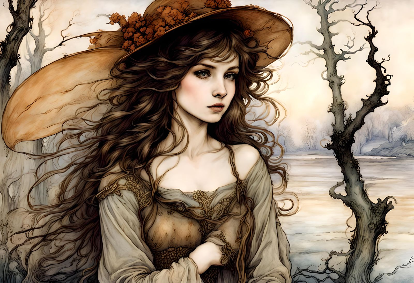 Beautiful fantasy landscape, by arthur rackham