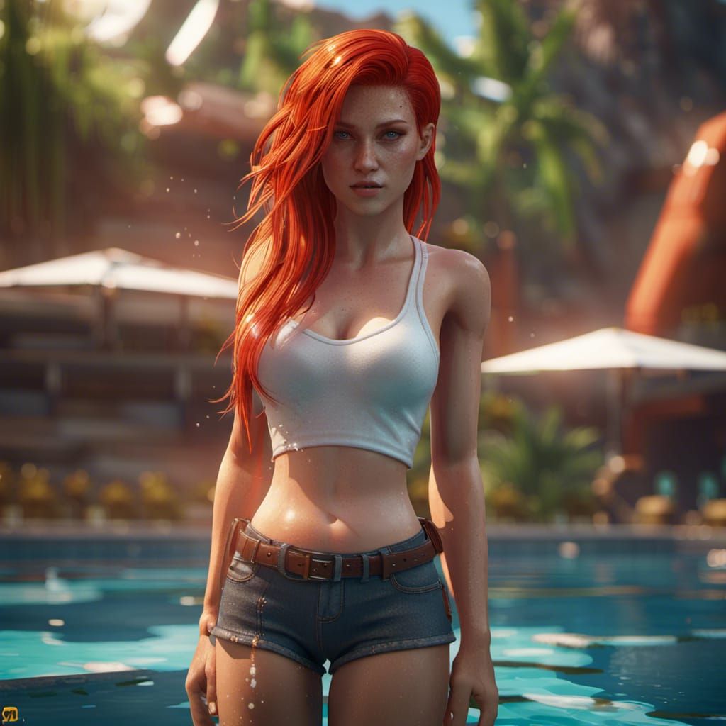Red-Haired Girl by Pool in 3D Game Style