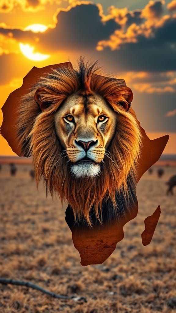 Majestic Lion Inside Africa Outline in Golden Hour