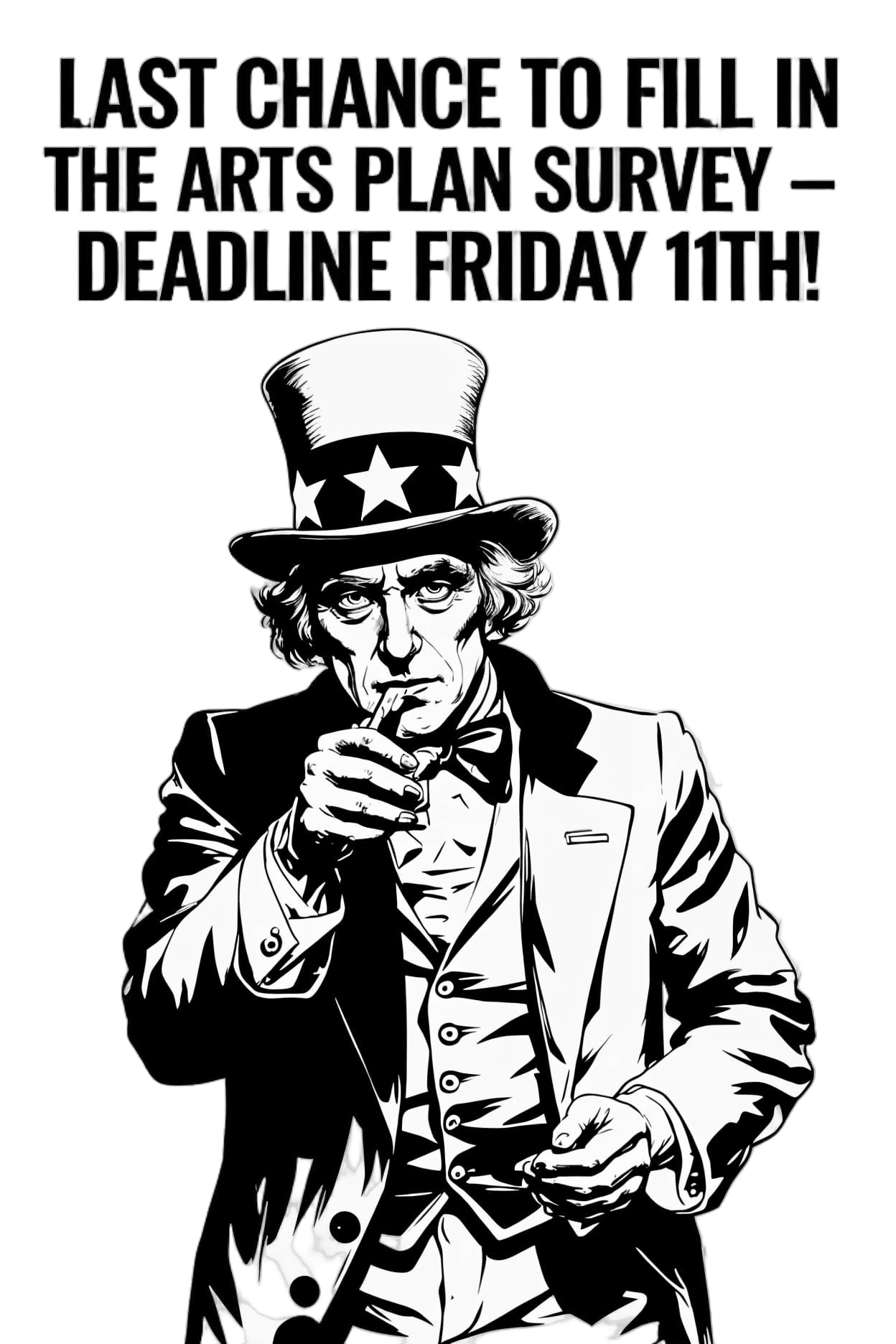 Iconic Uncle Sam Urges Action in a Bold Black and White Line...