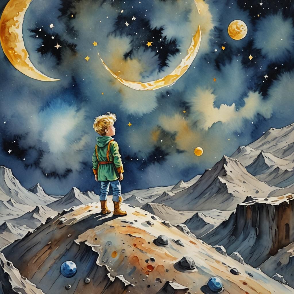 Little Prince on the Moon in Gouache Style