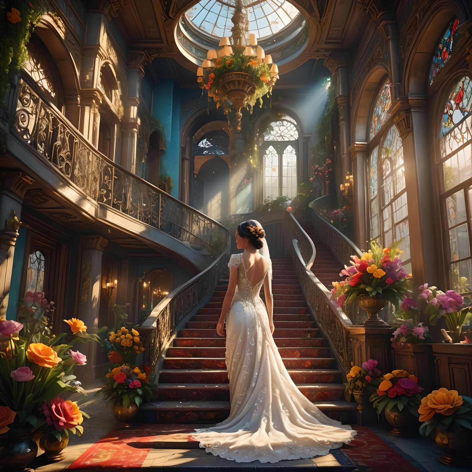 Exotic Bride Descending Staircase in Fantasy Art Style