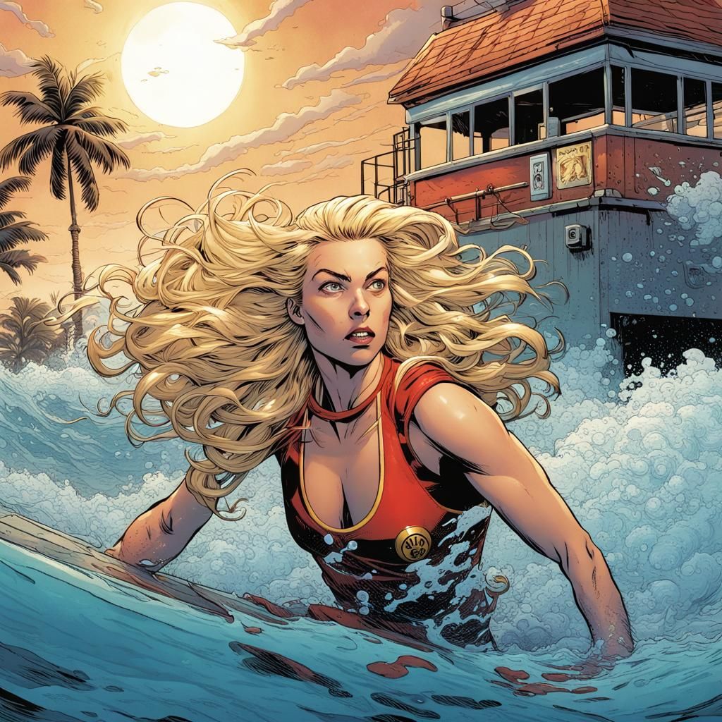 Blonde Lifeguard Rescuing Drowning Women: Comic Book Art
