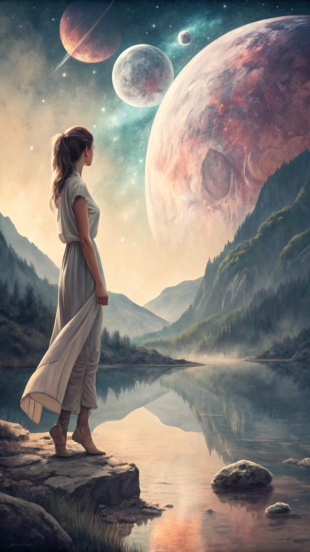 Surreal Portrait of a Serene Woman in a Dreamy Landscape