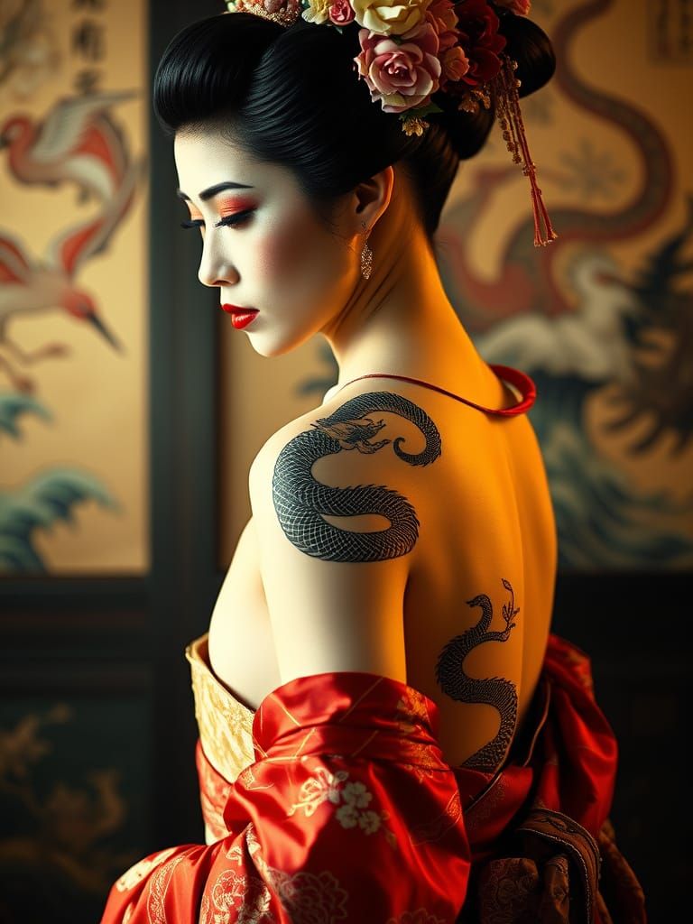 Geisha with Dragon Tattoo in Ukiyo-e Style