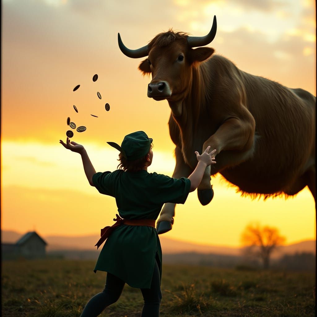Peter Pan Throws Coins at Majestic Dancing Cow