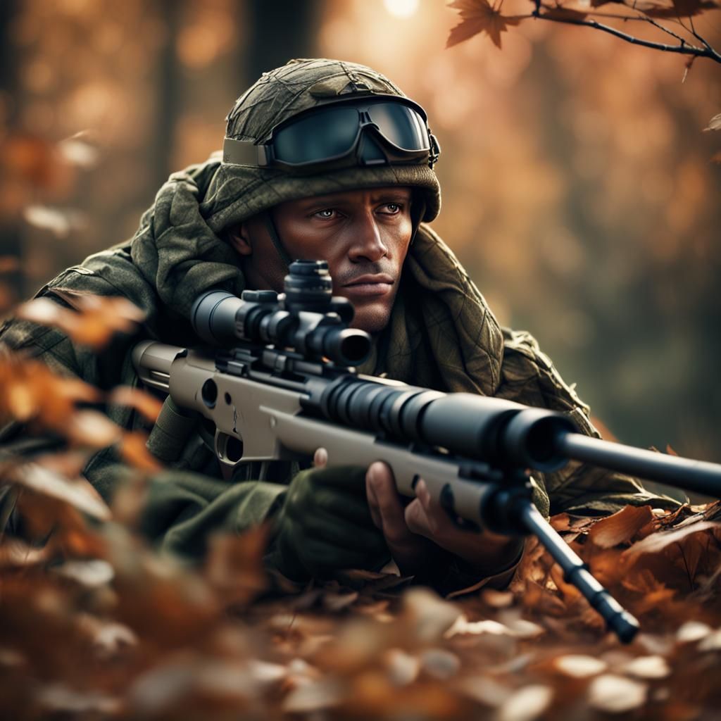 Realistic Soldier in Leaves with Rifle