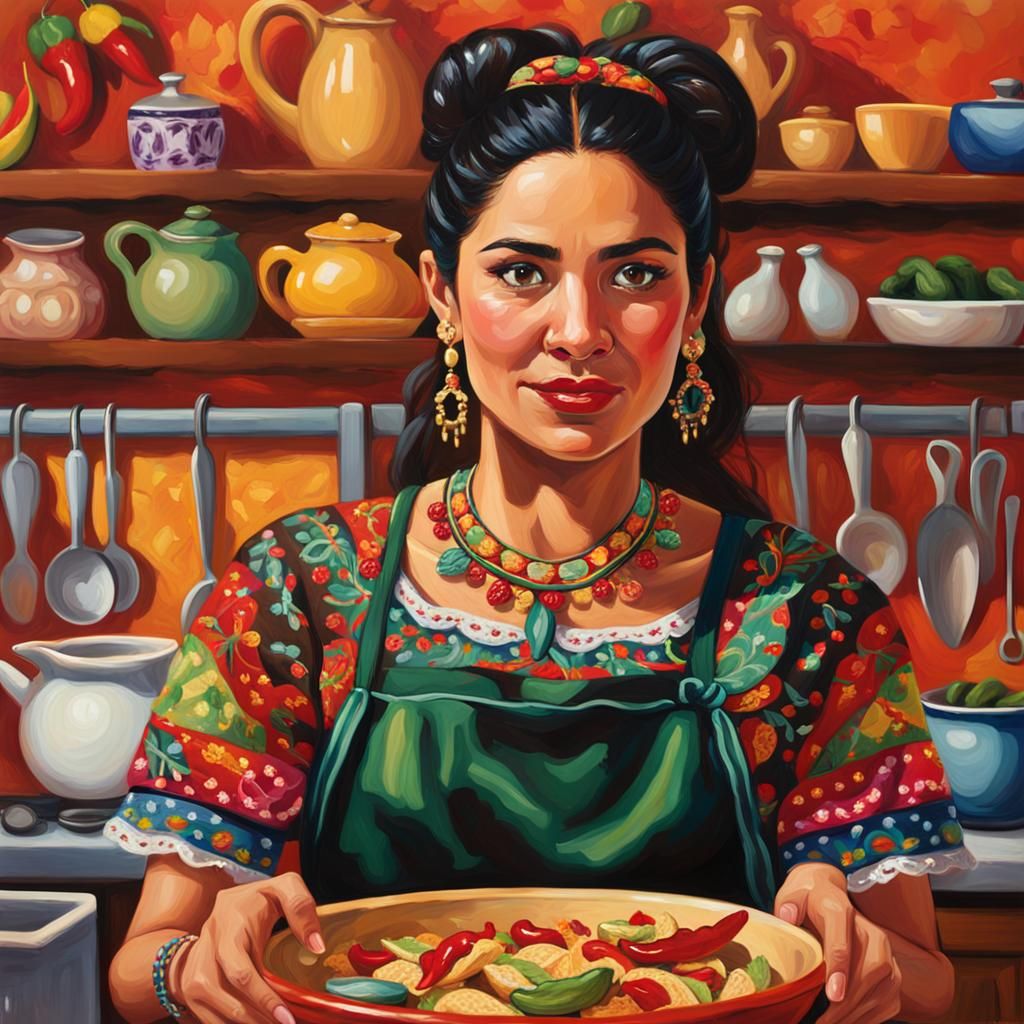 Latina Chef Cooking Tacos: Oil Painting in Folk Art Style