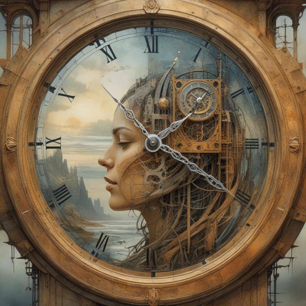 Abstract Watercolor Dreamscape with Clock