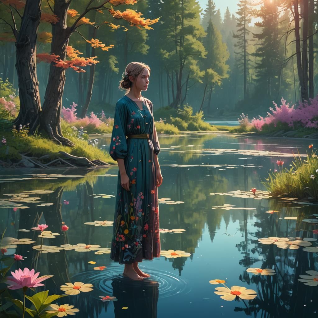 Enchanted Lakehouse: Fantasy Art with Luminous Sunset