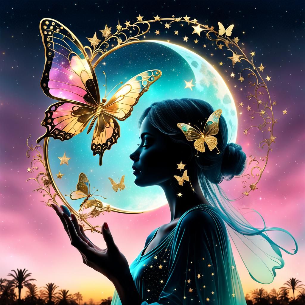 A captivating 3D render of a double exposure photo of lady's crystal expressive elegant romantic sweet face with a beaut...