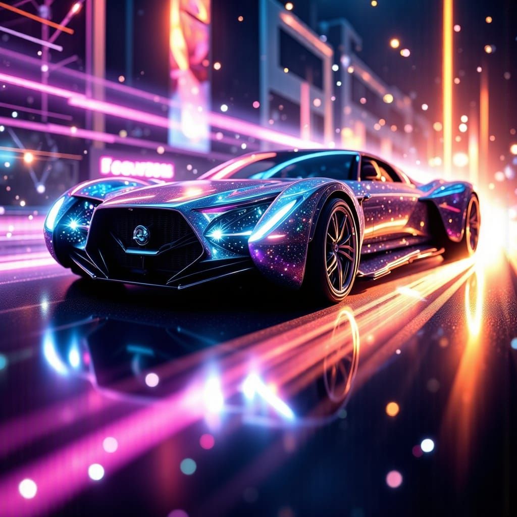 Futuristic Car Hovering in Neon Cityscape