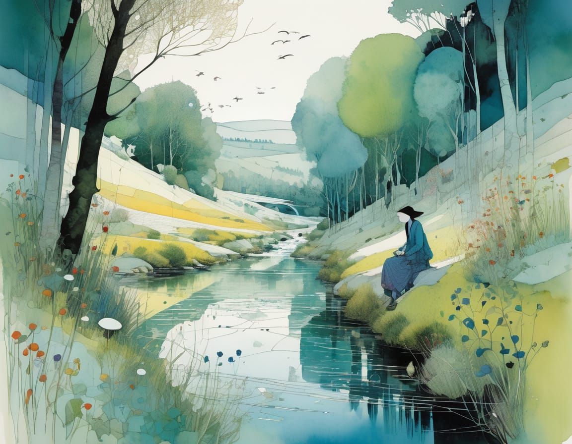 Charming River Runs Through Summer Landscape